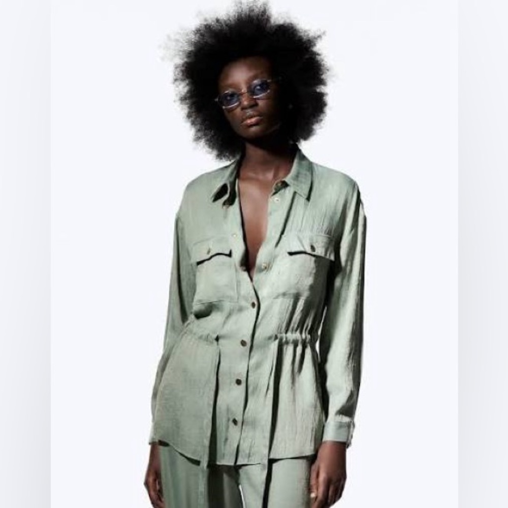 NWT Zara Sage Green Satin Effect Belted Shirt